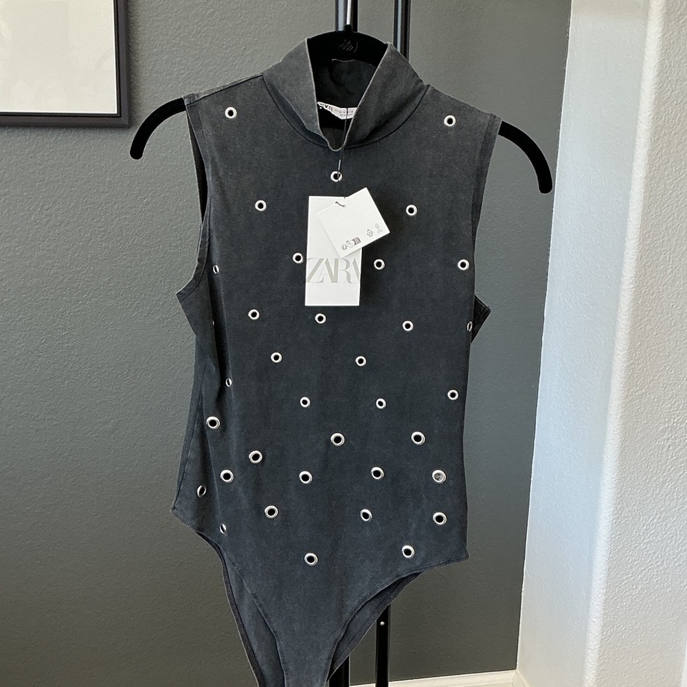 Zara Charcoal Turtleneck Bodysuit With Grommets NWT M